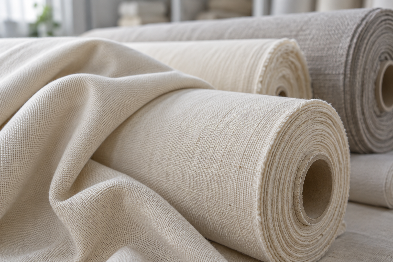 Illustrative photograph of undyed grey fabric rolls