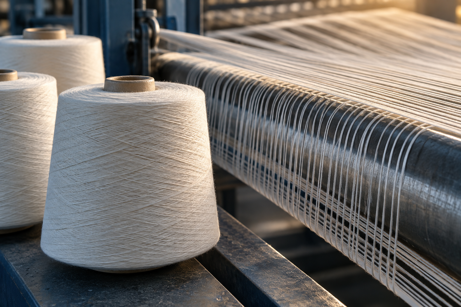 Illustrative photograph of yarn cones and parallel warp threads